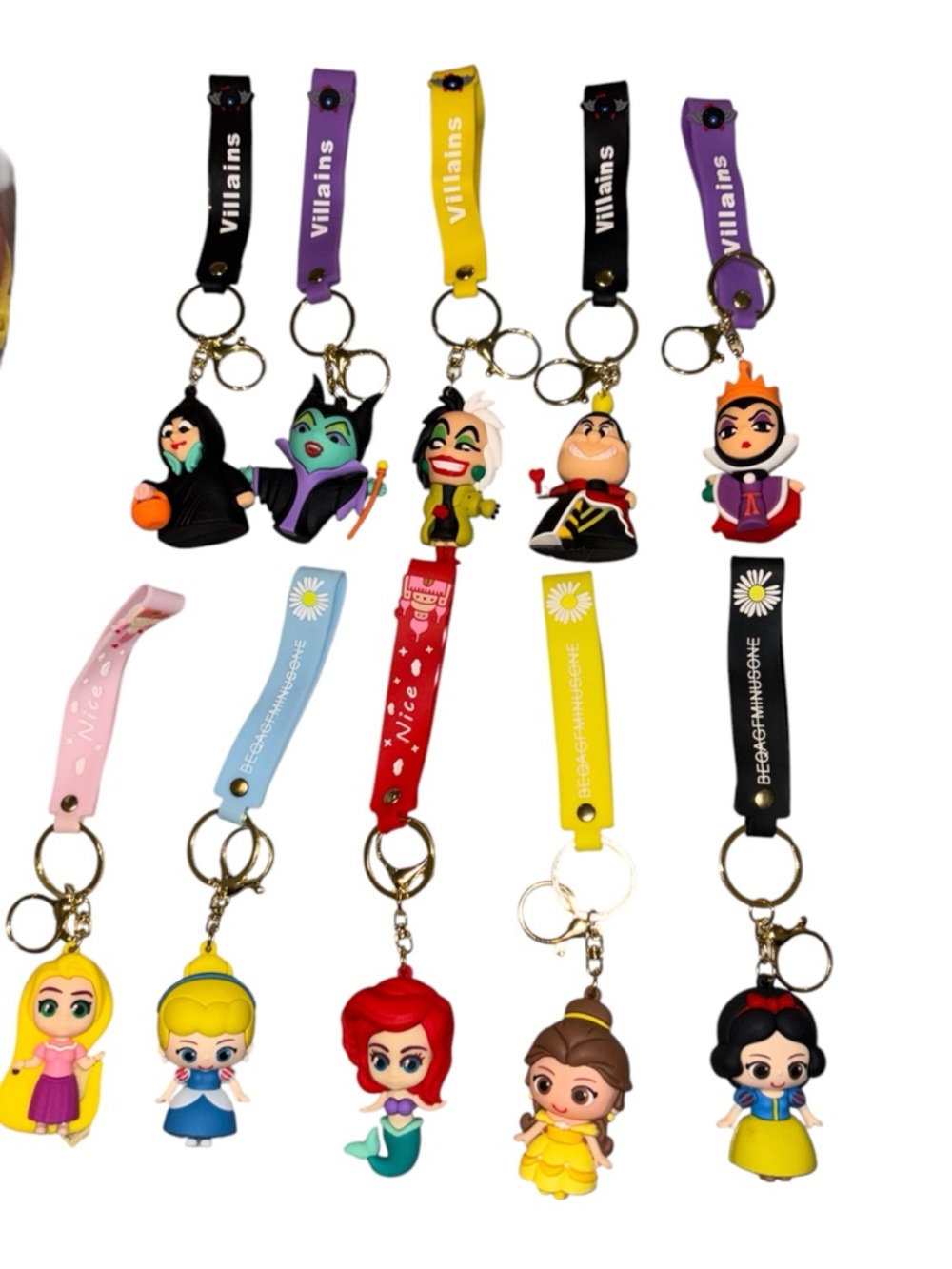 Princess & Villain Character Keychain Bundle Set of 10 Wristlet Strap Bag Charms